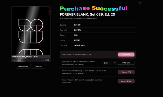 A "Purchase Successful" screen displays a FOREVER BLANK NFT (Set 039, Ed. 20) acquired for 0.96 ETH with options to keep, auto-relist, or accept ETH/$FWNA payouts, visually reinforcing the user's post celebrating consistent wins on the FWA Fun NFT platform.