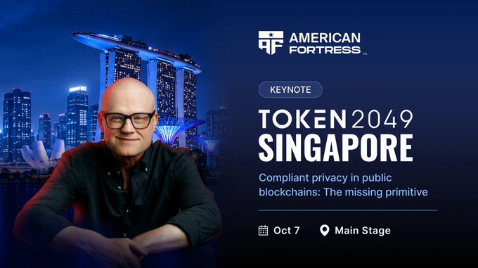 A promotional banner for the TOKEN2049 Singapore conference keynote on Oct 7 by American Fortress, featuring a bald man in glasses against the Singapore Marina Bay Sands skyline.
