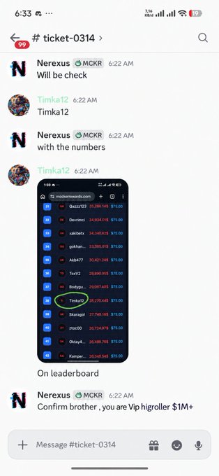 A Discord chat screenshot showing a conversation in channel #ticket-0314 about a leaderboard on mockersweb3.com, with 'Timka12' circled in green and a message from Nereus saying 'Confirm brother, you are Vip higroller $1M+'.
