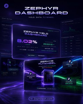 A futuristic dashboard promotional image for 'Zephyr Dashboard - Yield. Data. Flywheel' at ZephDash.com, showing a Zephyr Yield Dashboard with 8.02% and $202,915.52, alongside a Zephyr Flywheel interface.