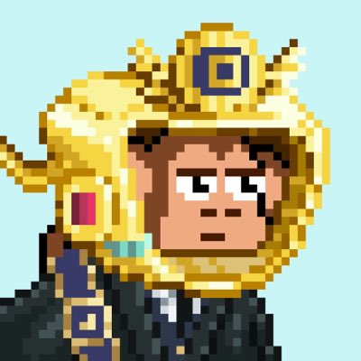 A pixel art character wearing an elaborate golden headdress and dark robe, rendered in a retro video game style.