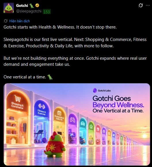 A tweet from @sleepagotchi announcing that 'Gotchi starts with Health & Wellness' and will expand into new verticals like Shopping & Commerce and Fitness & Exercise, featuring an image with the text 'Gotchi Goes Beyond Wellness. One Vertical at a Time.'