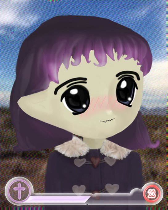 A stylized cartoon portrait of a purple-haired character with large glossy eyes, pointed ears, and a heart-buttoned dark coat with a fur collar, set against a grainy sky background with a "22" indicator in the corner. The image depicts a Milady NFT (#7606) that was sold for Ξ0.971 ($1,864) between spvce.eth and 0x96E4...bFFa.
