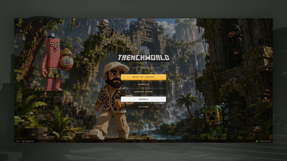 The image displays a screenshot of Minecraft's "The Enchworld" game screen where there are two cartoon characters standing inside the ruins of a village within an open world. The background features mountains, trees, and other landscapes typical of the game. In the bottom right corner of the screen, there is a prompt asking for the user to input their name in a text box below and above the main interface area.