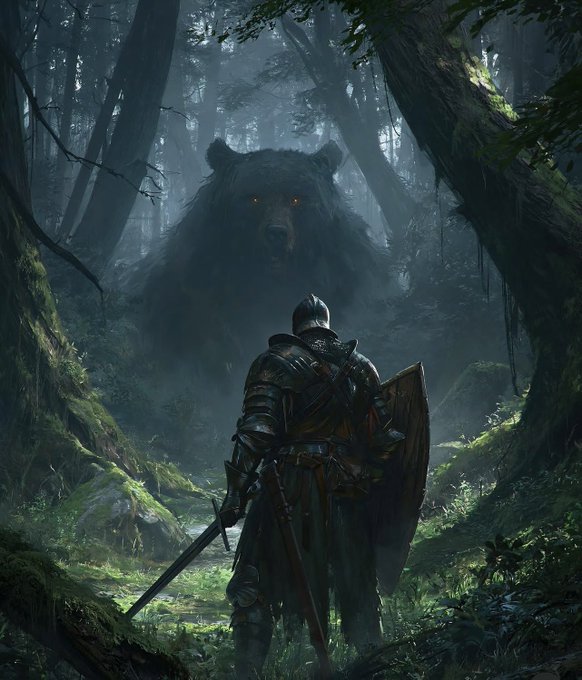A lone armored warrior with sword and shield stands his ground in a misty, ancient forest, facing a massive, glowing-eyed bear that towers over him with menacing presence. The image visually captures the post's sentiment of being a trader caught in a brutal bear market, with the intimidating bear symbolizing overwhelming downward force ready to "tear you up" while the defender has no choice but to stand and fight.