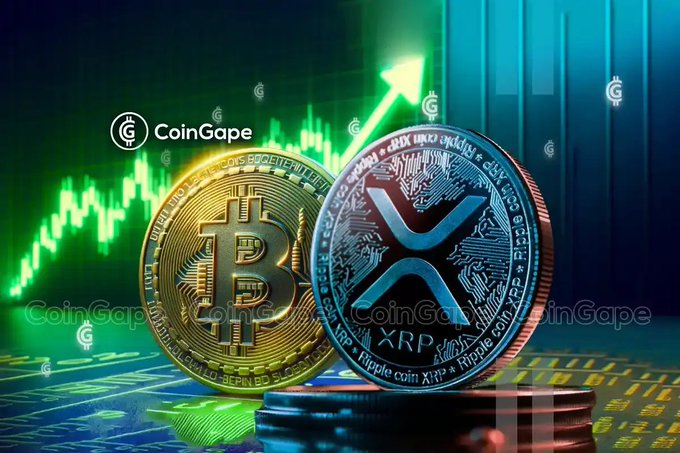 A CoinGape image showing Bitcoin and XRP cryptocurrency coins stacked in front of a green candlestick chart with an upward trending arrow.