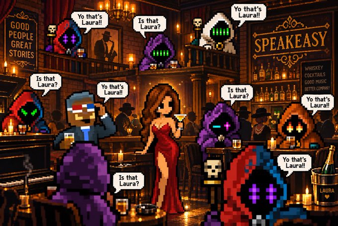 A pixel-art scene of a woman in a red dress at a 'SPEAKEASY' surrounded by hooded figures asking 'Is that Laura?' or 'Yo that's Laura!!'.