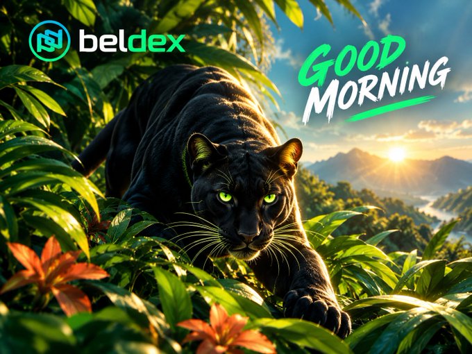A promotional image for 'Beldex' showing a black panther with glowing green eyes stalking through lush jungle foliage with a sunset in the background, alongside 'Good Morning' text.