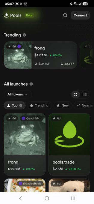 A mobile screenshot of the 'Pools' (Beta) cryptocurrency app showing trending tokens including 'frong' at $12.1M (+69.6%) and 'pools.trade' at $2.5M (+2818.8%).