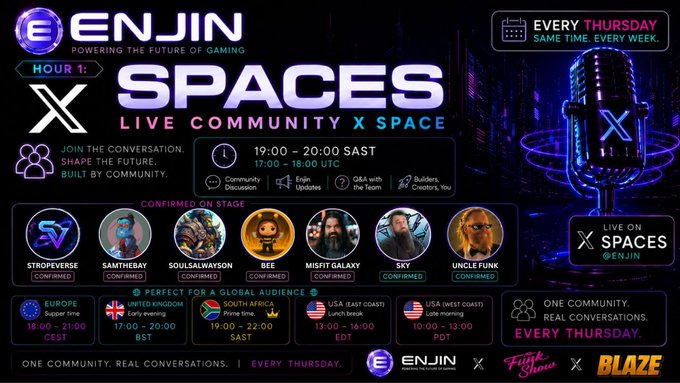 Enjin X Spaces promotional banner advertising a live community space every Thursday at 19:00-20:00 SAST, featuring speakers Stropeverse, Samthebay, Soulsalwayson, Bee, Misfit Galaxy, Sky, and Uncle Funk.