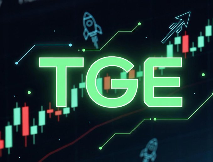 A glowing green 'TGE' logo displayed over a candlestick chart with a rocket ship icon, suggesting a token generation event.