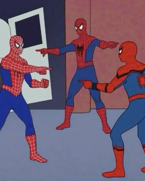 Three animated Spider-Man characters point fingers at each other in a circle, a classic meme representing mutual accusations.