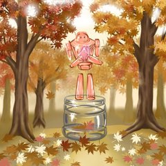 A chibi-style illustration of a pink-haired girl in a pink outfit sitting on a glass jar in an autumn forest setting.