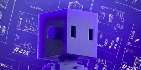 A purple-tinted 3D rendering of a cube-shaped character with rectangular facial features floats against a background covered in blueprint-style architectural drawings and diagrams.