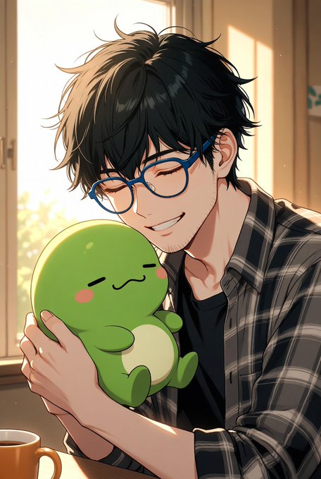 The image features a man wearing glasses holding a small green frog plush toy while sitting at a table. The caption of the image reads "Good morning First thing I do these days is check in with @sleepagotchi". This suggests that the man might be interacting with an AI coach or using it to learn about sleep habits, as indicated by the post's title.
