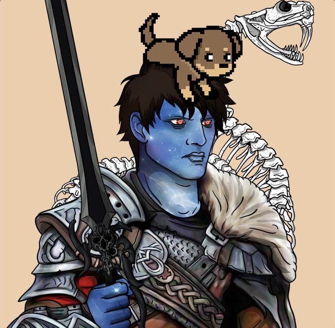 A fantasy illustration of a blue-skinned warrior holding a sword, with a pixel-art monkey and a skeletal dragon creature on a beige background.