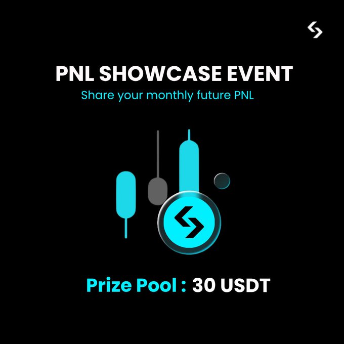 A promotional graphic for the "PNL Showcase Event" with the tagline "Share your monthly future PNL" and a prize pool of 30 USDT, featuring a teal and gray candlestick chart design with the Bitget logo, directly corresponding to the Bitget Real Trading Arena contest encouraging users to showcase their futures trading performance.