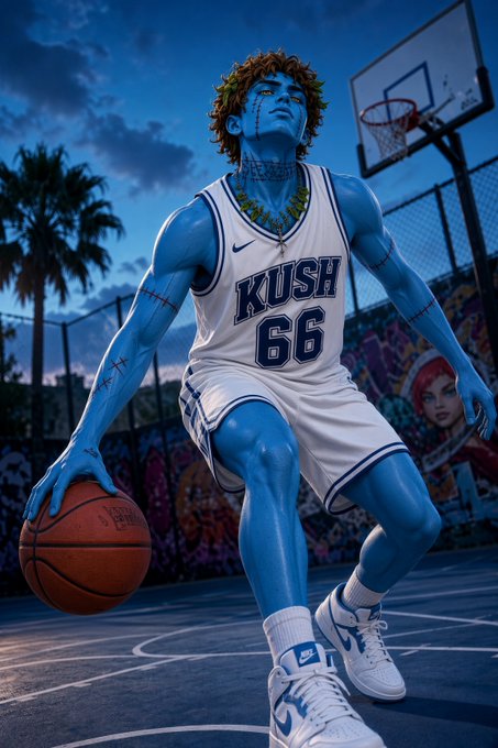 A 3D-rendered figure of a blue-skinned basketball player with curly hair, wearing a 'KUSH 66' jersey and Nike shoes, posed on a court with palm trees in the background.