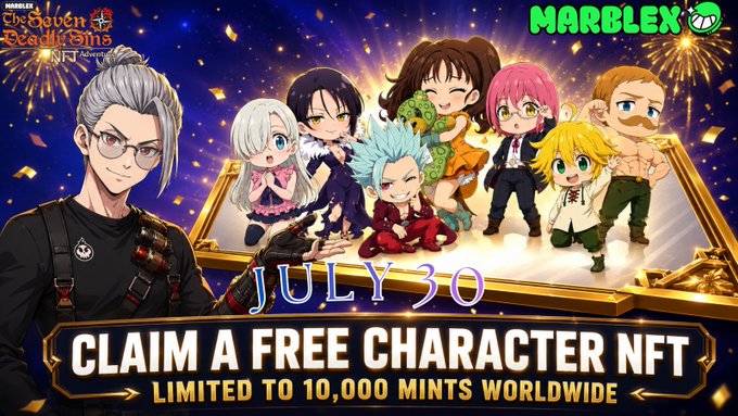 Promotional banner for The Seven Deadly Sins: Origin game on Marblex, advertising 'Claim a Free Character NFT' on July 30, limited to 10,000 mints worldwide, featuring chibi-style anime characters.