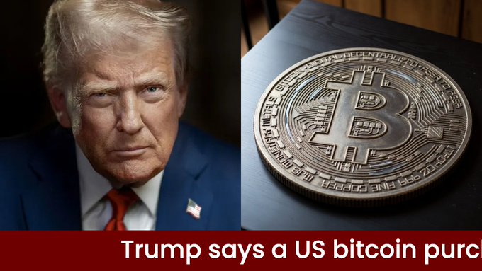 Donald Trump is pictured next to a large bitcoin coin, with the text "Trump says a US bitcoin purch" visible. This image directly relates to the accompanying post by visually representing the subject of the article.