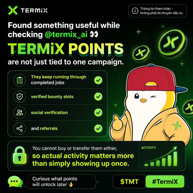 A TermiX promotional graphic explaining TERMIX POINTS earned through completed jobs, verified bounty slots, social verification, and referrals, featuring a cartoon penguin mascot wearing a red cap.
