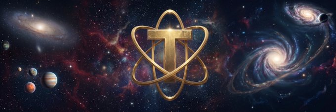 A cosmic panorama featuring a golden cryptocurrency symbol (Tether) in the center, flanked by galaxies, planets, and colorful nebulae in deep space.