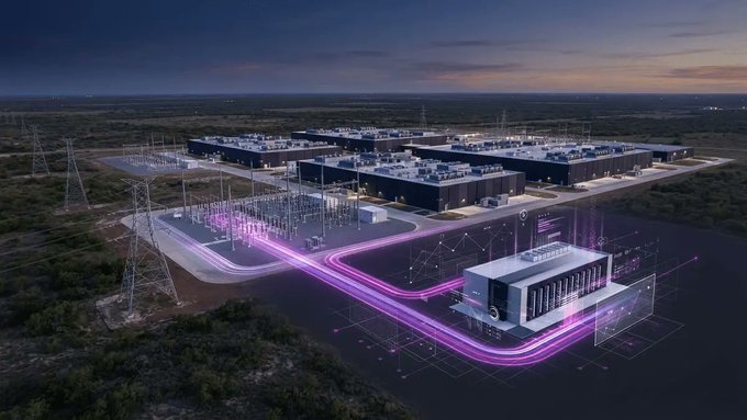 An aerial nighttime view of a large-scale data center campus with glowing purple energy/data flow lines connecting to a highlighted server building, illustrating the power infrastructure supporting Bitcoin mining operations and the new AI computing lease arrangement with Anthropic. The image visually represents Riot Platforms' dual-use strategy of repurposing its high-capacity Bitcoin mining facilities for AI workloads.