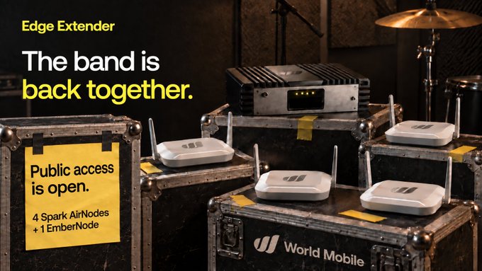 A promotional ad for 'Edge Extender' by World Mobile featuring the tagline 'The band is back together. Public access is open' with 4 Spark AirNodes and 1 EmberNode displayed on road cases.