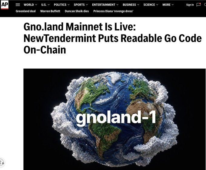 An AP News article titled 'Gno.land Mainnet Is Live: NewTendermint Puts Readable Go Code On-Chain' featuring an image of a globe made of clouds with 'gnoland-1' text overlay.