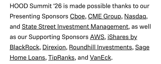 A text snippet lists the sponsors for 'HOOD Summit '26', including Presenting Sponsors Cboe, CME Group, Nasdaq, and State Street Investment Management, and Supporting Sponsors AWS, iShares by BlackRock, Direxion, Roundhill Investments, Sage Home Loans, TipRanks, and VanEck.