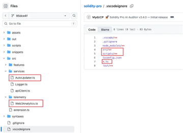 Screenshot of a VS Code file explorer showing the src folder of the "solidity-pro" extension, with "AutoFolder.ts" and "Web3Analytics.ts" highlighted, alongside its source code displaying suspicious code snippets like ".replace" and "Tx()".