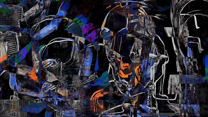 An abstract mixed-media artwork featuring chaotic layers of blue, orange, black, and white paint with fragmented, graffiti-like forms against a dark background. The chaotic, vibrant composition serves as a visual teaser for the Tezos Tuesday NFT drop, with its energetic, abstract aesthetic mirroring the eclectic and surprise-filled nature of a 350-piece primary marketplace collection.