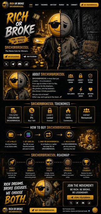 A promotional webpage for the 'SRICHORBROKESOL' meme coin on Rich or Broke, featuring the tagline 'You choose, we build,' tokenomics details, and a five-phase roadmap.