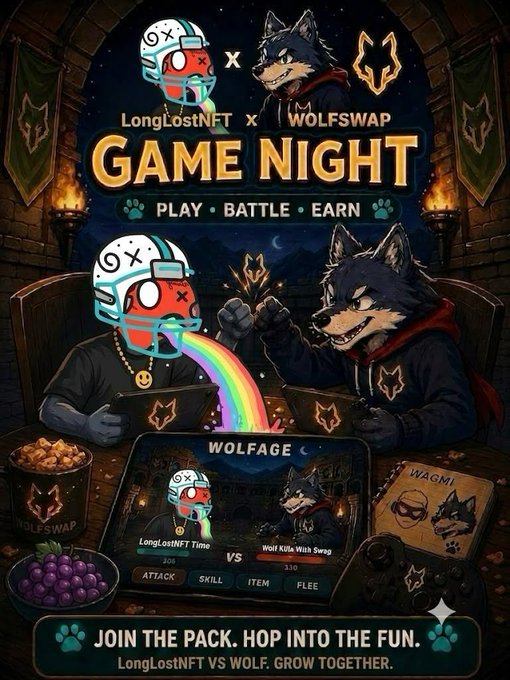A promotional poster for a 'LongLostNFT x WOLFSWAP GAME NIGHT' collaboration, featuring cartoon characters playing games with the tagline 'JOIN THE PACK. HOP INTO THE FUN. LongLostNFT VS WOLF. GROW TOGETHER.'