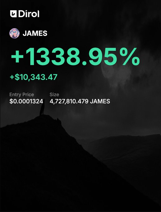 A dark Dirol app trading card showing a token called JAMES with a gain of +1338.95% (+$10,343.47), entry price $0.0001324 and size 4,727,810,479 JAMES, set against a moody silhouette of a figure on a hill.