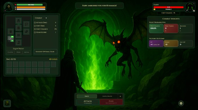 A screenshot from a fantasy RPG game showing a dark cave with green mist, a winged demon creature, and UI elements including "FAIRY AMBUSHED YOU FOR 10 DAMAGE!", combat stats, and action buttons for ATTACK and FLEE.