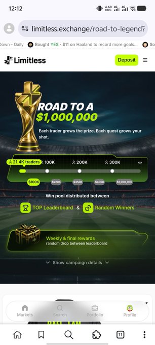 A mobile screenshot of the Limitless Exchange 'Road to a $1,000,000' campaign page, showing a trophy, a prize growth chart with trader milestones, and a deposit button.