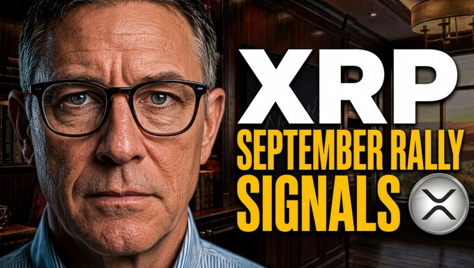 A man wearing glasses appears next to text reading 'XRP SEPTEMBER RALLY SIGNALS' with an XRP logo.