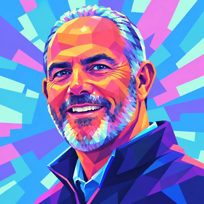 A vibrant WPAP (pop art) style digital illustration of a smiling bearded man with gray hair against a colorful blue and pink geometric background.