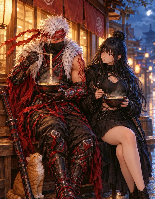 An anime-style illustration depicts a white-haired, masked warrior in red and black armor eating noodles alongside a dark-haired woman in black, with a small orange cat sitting nearby in a traditional Japanese-style setting.