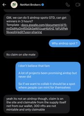 A screenshot of a chat conversation on X (Twitter) between NetNet Brokers, discussing a claim about Airdrop Sports getting winners in 3 hours and providing a link to the website.