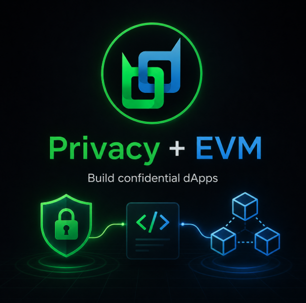 Promotional graphic for a blockchain project combining 'Privacy + EVM' with the tagline 'Build confidential dApps,' showing icons for security, coding, and blockchain.