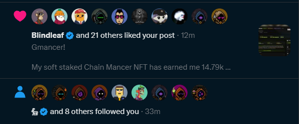A notification screenshot showing "Blindleaf and 21 others liked your post · 12m" with the caption "Gmancer!" and a message about "My soft staked Chain Mancer NFT has earned me 14.79k...", along with a follow notification from 8 others. The image relates to the post's theme of highlighting the engaging @MancerXYZ community, with notifications of likes from fellow members active on the platform.