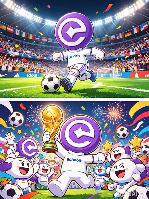 A vibrant two-panel soccer-themed graphic featuring a cartoon mascot with a purple "e" logo and "Echobit" branding, kicking a ball in a stadium (top) and celebrating with a World Cup trophy alongside cheering fans (bottom), promoting the Echobit World Cup giveaway prediction contest.
