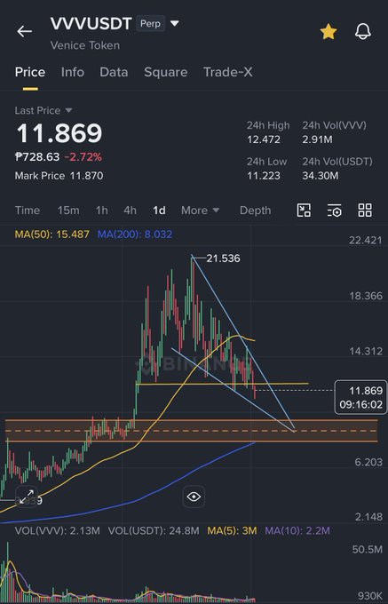 A Binance perpetual contract chart for Venice Token (VVVUSDT) showing a last price of 11.869, down 2.72%, with a 24h high of 12.472 and a descending triangle pattern.