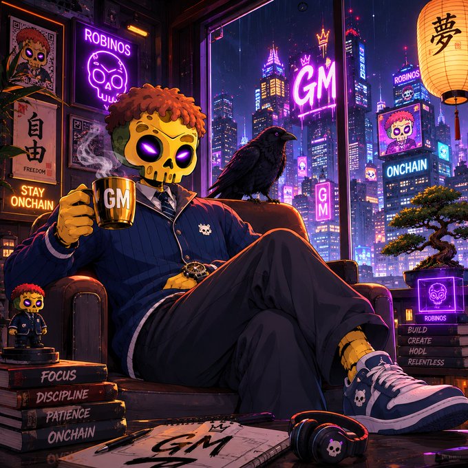 A neon-lit cyberpunk character with a skull mask and "GM" mug sits in a futuristic cityscape surrounded by "GM," "ONCHAIN," "FREEDOM," and "ROBINOS" signage, with books titled "Focus," "Discipline," and "Patience" stacked nearby—perfectly matching the post's "Good Morning Frenz" greeting with its crypto/cyberpunk aesthetic.