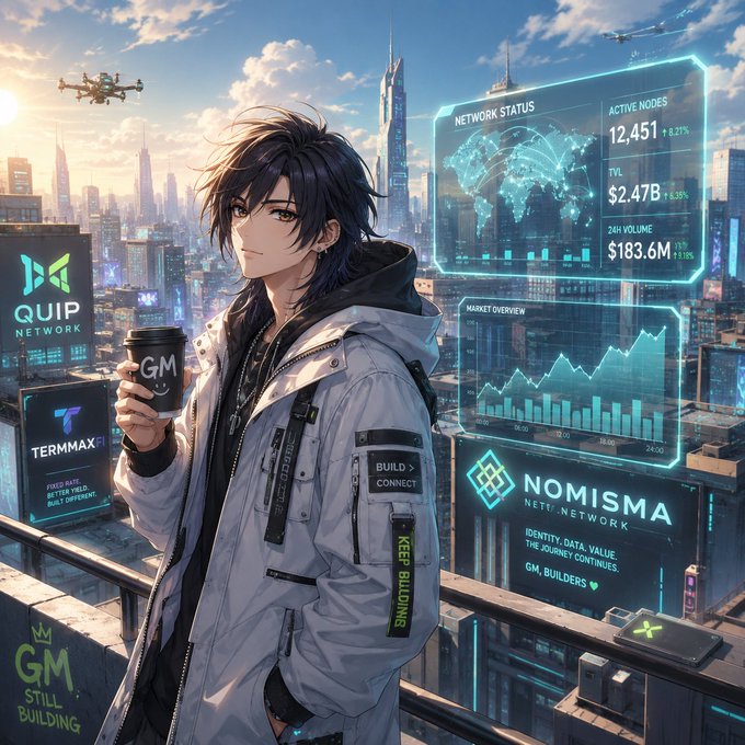An anime-style digital illustration of a young man with dark hair in a white jacket holding a coffee cup labeled 'GM', standing before a futuristic city skyline with holographic displays showing 'QUIP NETWORK', 'NOMISMA BETA NETWORK', and crypto market data.