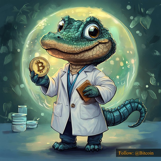 A cartoon crocodile scientist in a lab coat holds a Bitcoin coin and a small book, symbolizing Bitcoin's research and innovation. The image is watermarked with "Follow: @Bitcoin" and pairs with the post displaying Bitcoin's price at $81,882.55.