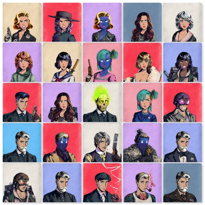 A grid of 25 illustrated character portraits in an anime/manga style, featuring diverse characters with various weapons, blue masks, and colorful solid backgrounds.