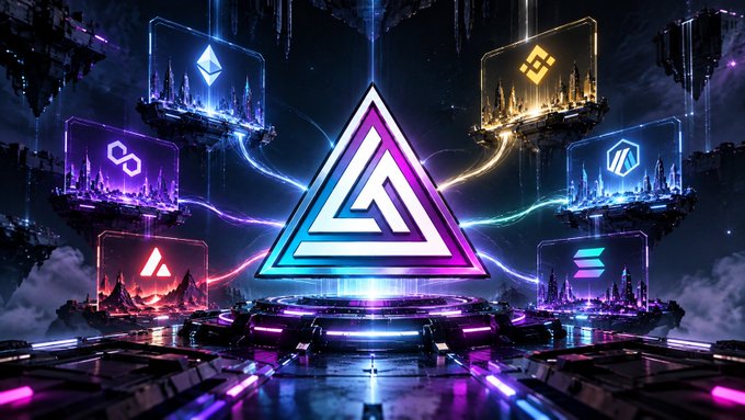 A vibrant, futuristic digital artwork featuring a central glowing triangular logo surrounded by floating platforms displaying various cryptocurrency icons, including Ethereum, BNB, and Polygon.